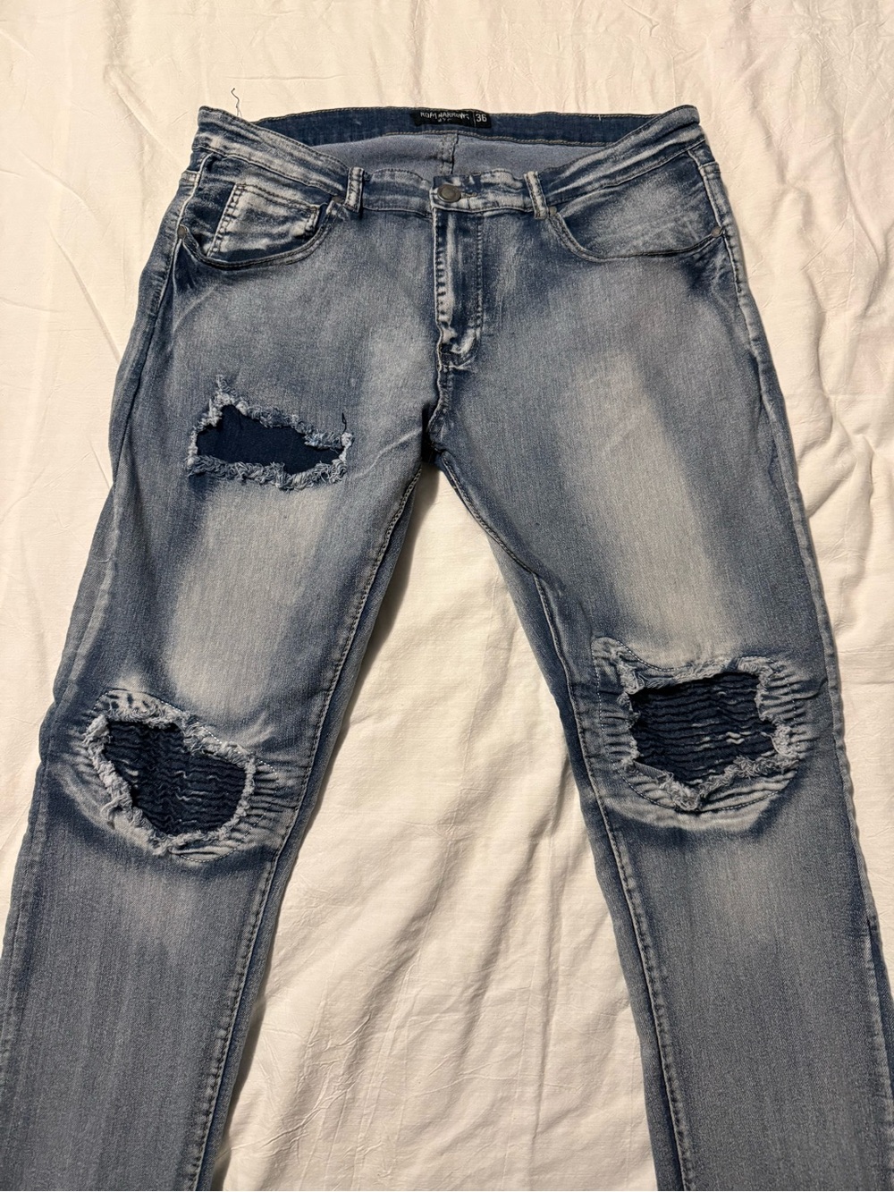 Road Narrows Men's Skinny Distressed Light Blue Jeans with Knee Patches
